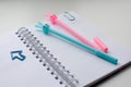 Top view of an open blank notebook with a blue and pink rabbit pen and funny kawaii clips Royalty Free Stock Photo