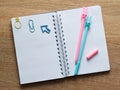 Top view on open blank notebook with blue and pink rabbit pen and funny kawaii clips Royalty Free Stock Photo