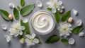 Top view open cosmetic cream jar container, white flowers and green leaves on grey background Royalty Free Stock Photo