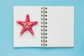 Top view of open empty notebook with starfish on pastel blue colorful background. Travel and holiday concept Royalty Free Stock Photo