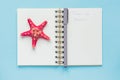 Top view of open empty notebook with starfish and Royalty Free Stock Photo