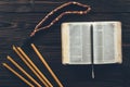 top view of open holy bible with rosary and candles