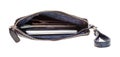 Top view of open leather wristlet pouch with money