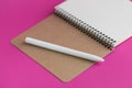 Top view of open notebook with fountain pen on pink background Royalty Free Stock Photo