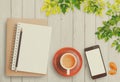 Top view of an open notebook with a pencil on a wooden table with coffee and a blank phone Royalty Free Stock Photo