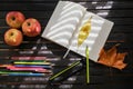 Top view of Open notebook, pencils, apples, and autumn leaves on a dark brown wooden background Royalty Free Stock Photo