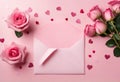 Top view on open pink envelope with paper card, bouquet of pink rose flowers in vase and heart confetti on pastel pink table Royalty Free Stock Photo