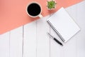 Top view of open school notebook with blank pages and pencil with coffee cup Royalty Free Stock Photo