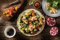 Top view of an open top vegetarian tortilla with salad, raddish, chery tomatoes, olives, pomegranate and grilled haloumi cheese Royalty Free Stock Photo