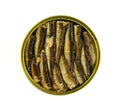 Top view of an opened tin of canned smoked sprats