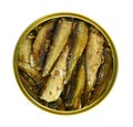 Top view of an opened tin of canned smoked sprats