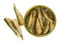 Top view of an opened tin of canned smoked sprats