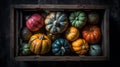 Top view of orange, blue and pink mini pumpkins in wooden box. Autumn farmhouse background. Generative AI Royalty Free Stock Photo