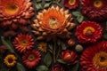 top view of orange dahlia and red roses on dark background. generative ai Royalty Free Stock Photo