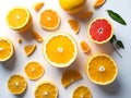 Top view. Orange fruits (Citrus) and cut. Copy space and white background.