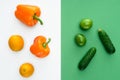 top view of orange and green fruits and vegetables on white Royalty Free Stock Photo