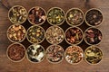 Top view organic herbal tea in tins