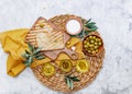 Top view organic olive oil, olives, fresh toast bread and olive branch Royalty Free Stock Photo