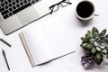 Top View From Organized Business Workspace With Computer, Empty Notepad, Coffee Cup And Potted Succulents - Generative AI