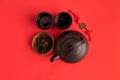 top view of oriental decoration and ceramic tea set Royalty Free Stock Photo