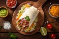 Top view of Original Mexican Burritos wraps with beef and vegetables on rustic wooden table. Concept menus and advertisement.