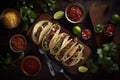 Top view of original Mexican tacos with beef, tomatoes, avocado, chilli and onions isolated on rustic wood background. Concept