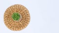 Top view ornamental plants on a rattan woven circle base