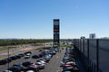 Top view of outdoor parking lots, many parked cars at shopping centre in Bucharest, Romania, 2021 Royalty Free Stock Photo