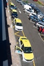 Top view of outdoor parking lots, many parked cars at shopping centre in Bucharest, Romania, 2021 Royalty Free Stock Photo