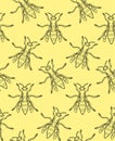 Top view outline style wasps seamless pattern on yellow background