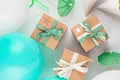 Top view over the gift boxes with ballons and party decoration. Royalty Free Stock Photo