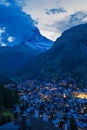Zermatt valley and Matterhorn at dusk, Switzerland Royalty Free Stock Photo