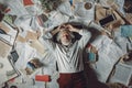 A top view of an overworked senior Scandinavian businessman lying on the floor that is full of papers and documents in