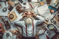 A top view of an overworked senior Scandinavian businessman lying on the floor that is full of papers and documents in