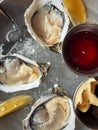 Top view of oysters in a plate with ice