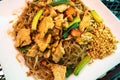 Top view of a Pad Thai chicken dish on a white  plate Royalty Free Stock Photo