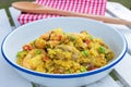 Top view of Paella spanish food with seafood. Royalty Free Stock Photo