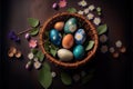 Top view of painted eggs in wicker basket with flowers on wooden background, close-up. Generative AI. Concept of Easter Royalty Free Stock Photo