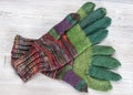 Top view of pair of hand knitted woolen gloves Royalty Free Stock Photo