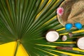 Top view of palm leaves on beach yellow background with sunglasses and hat. Royalty Free Stock Photo