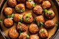 Top view of a pan with freshly-made kottbullar meatballs in a sauce Royalty Free Stock Photo
