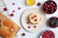 Top view pancake with summer berry on white background. Flat lay food for breakfast. homemade american pancakes with fresh sweet