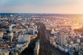 Top view of Paris skyline from above. Main landmarks of european megapolis with train station of Vaugirard-Belt. Bird-eye view