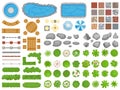 Top view park items. Garden walkway, outdoor relaxing parks furniture and gardens trees aerial isolated vector illustration set Royalty Free Stock Photo