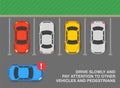 Top view of a parked cars. Drive slowly and pay attention to other vehicles and pedestrians while entering the parking.