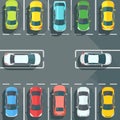 Top view parking lot cars parked illustration. Multiple vehicles colorful designs slots arranged