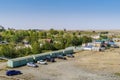 Top view of the parking lot on the territory of the historical and cultural reserve Arkaim