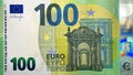 Top view of a part of the 100 euro bill. Cash banknote. One hundred euros. The single currency of the European Union. European Royalty Free Stock Photo