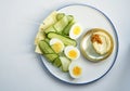 Top view, parts of a boiled egg with slices of cucumber