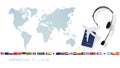 Top view of passport with airplane and headset on world map background with flags and contact us icons, support office for Royalty Free Stock Photo